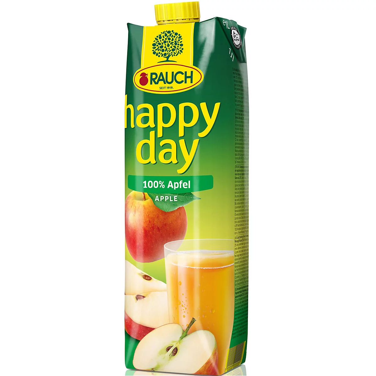 Rauch Happy Day Apfelsaft-Verpackung auf grünem Hintergrund mit Apfel- und Glasabbildung.