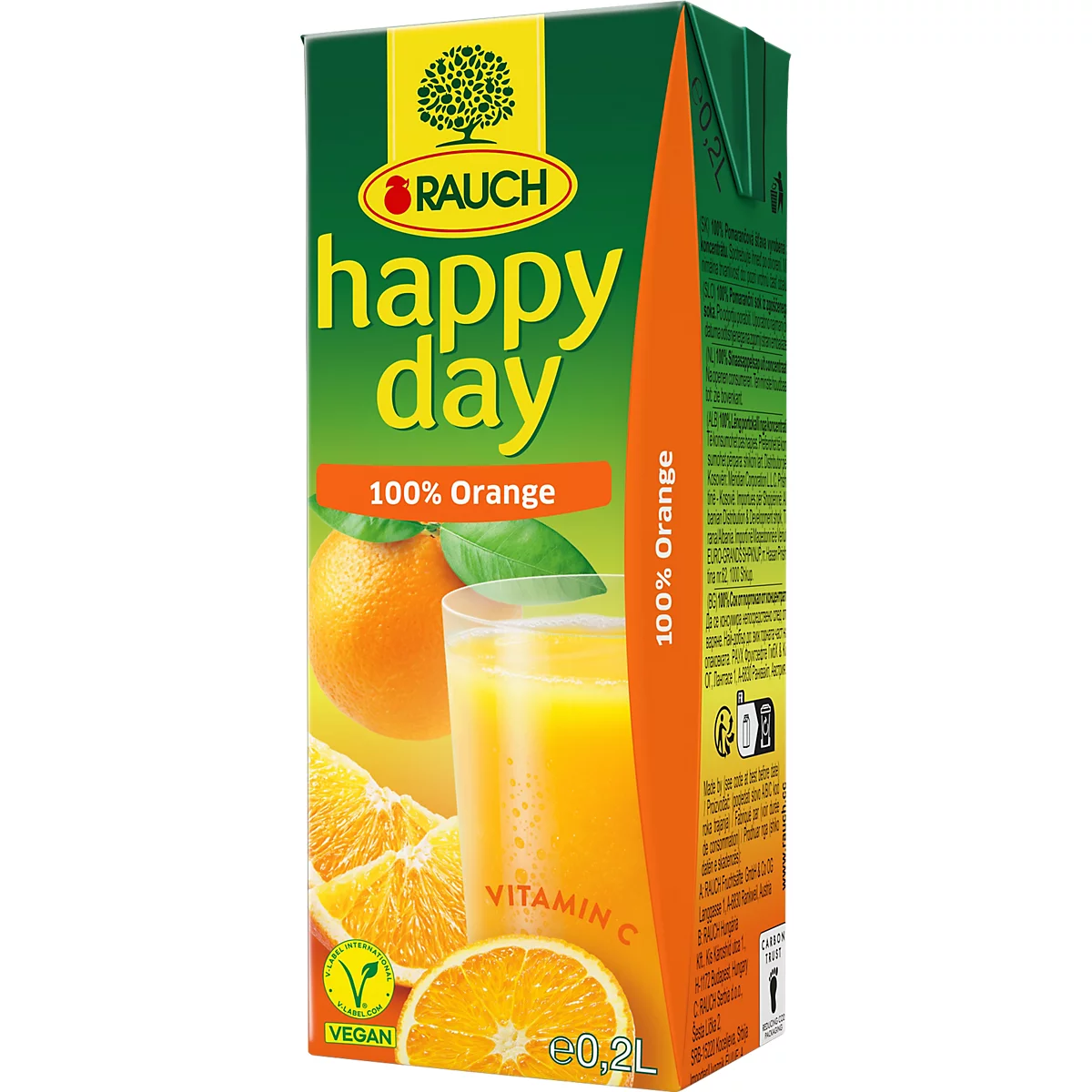 Rauch Happy Day Orangensaft 0,2l Packung mit Bild einer Orange und einem Glas Saft.