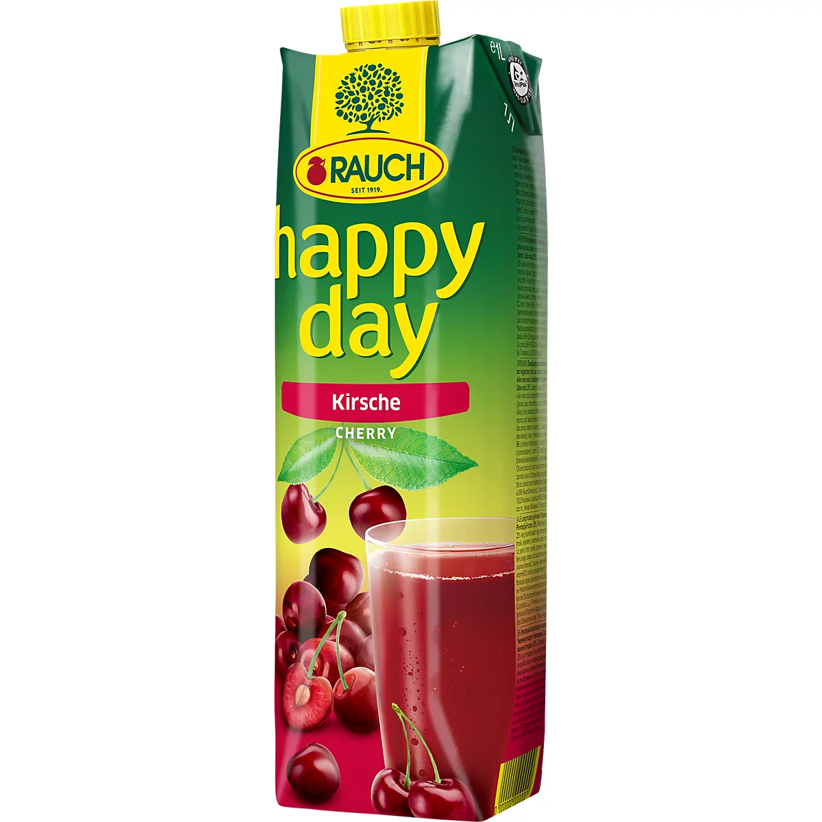 Getränkekarton von Rauch Happy Day Kirsche mit frischen Kirschen und einem Glas Kirschsaft.