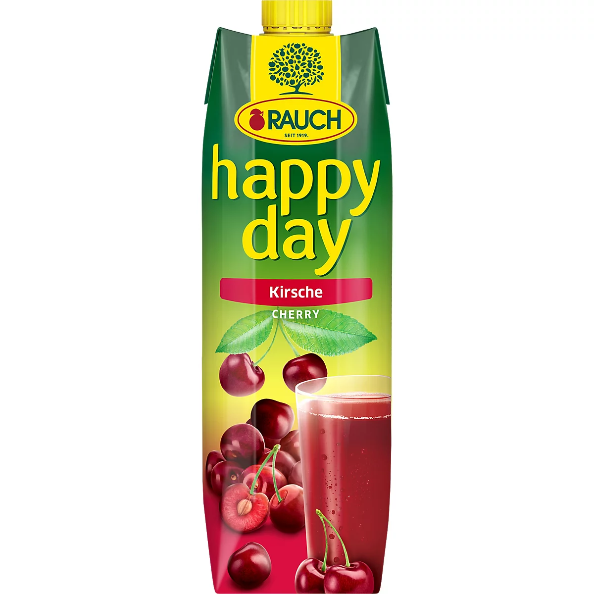 Rauch Happy Day Kirschsaft Packung mit frischen Kirschen und einem Glas Saft auf grün-rotem Hintergrund.