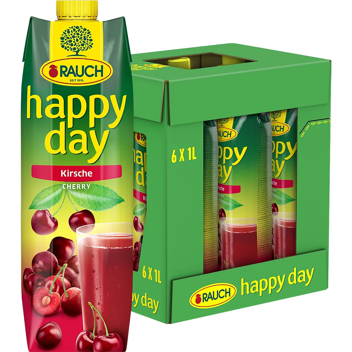 Rauch Happy Day Kirschsaft Packung und Sechser-Karton.