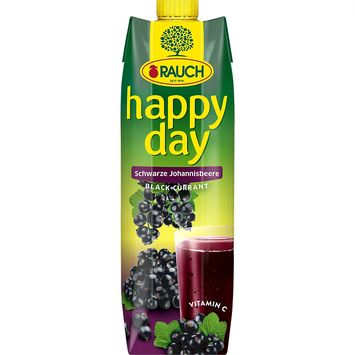 Rauch Happy Day Saftpackung Schwarze Johannisbeere mit Fruchtabbildungen und Glas.