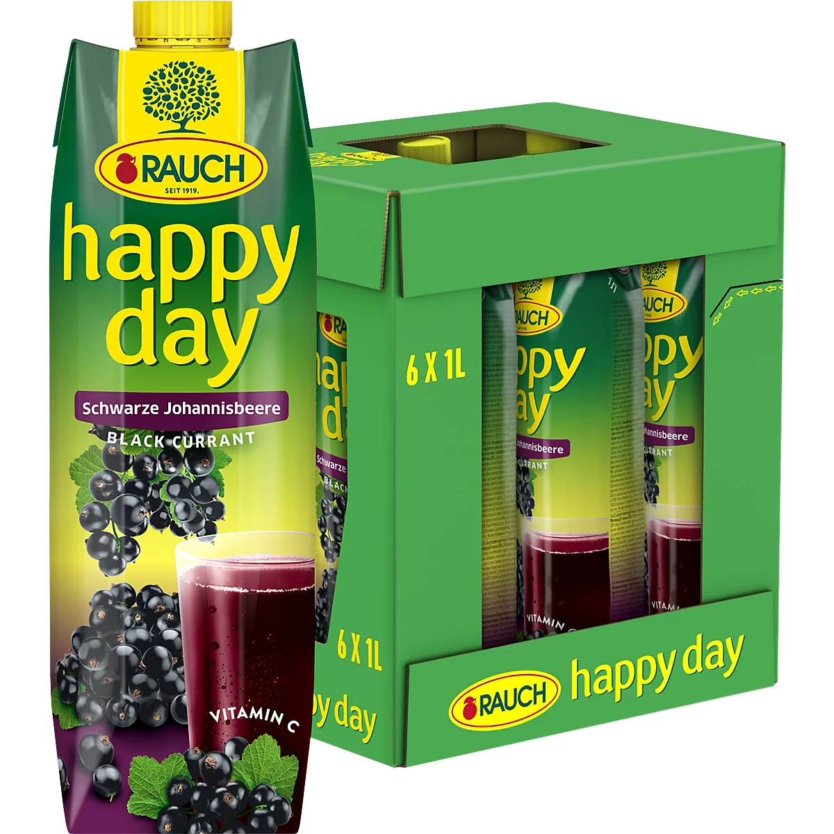 Rauch Happy Day Saftpackung Schwarze Johannisbeere und ein Sechserpack auf grünem Grund.