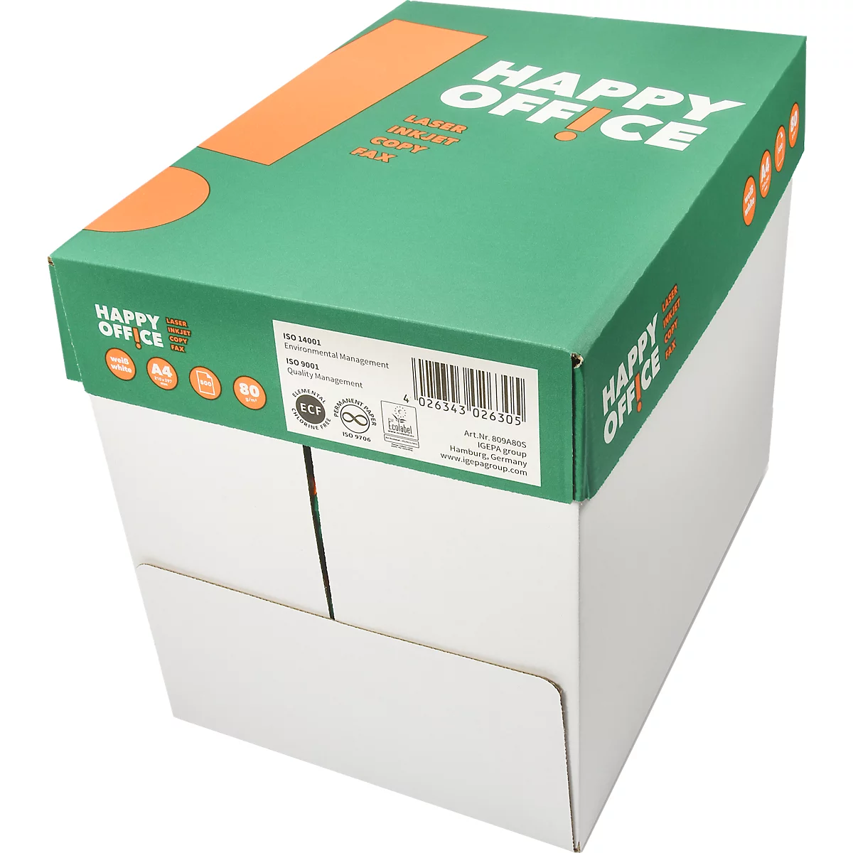 Happy Office Kopierpapier, DIN A4 quer, 80 g/m², reinweiss, 2500 Blatt