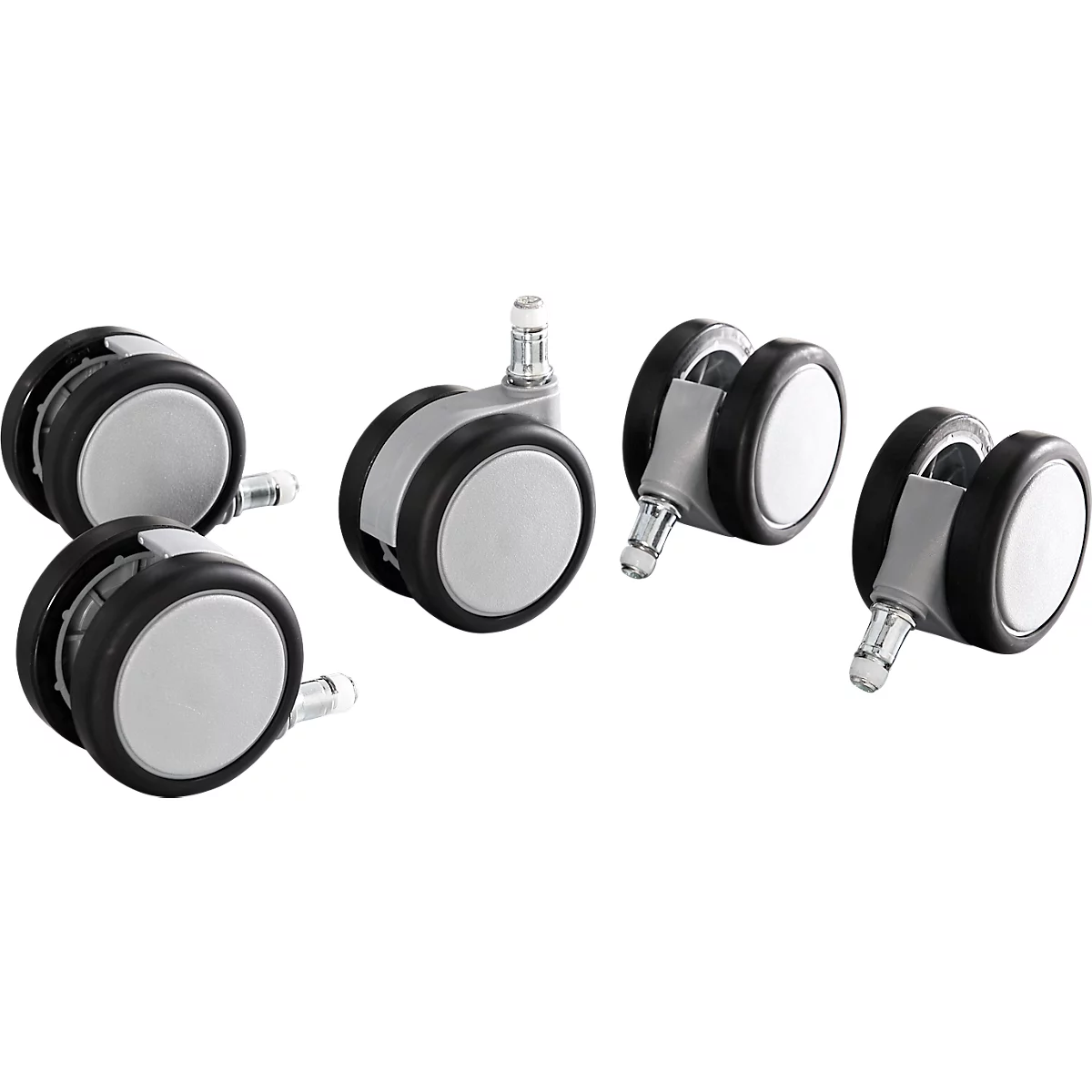 Five office chair castors, black and gray with silver pins, against a white background.
