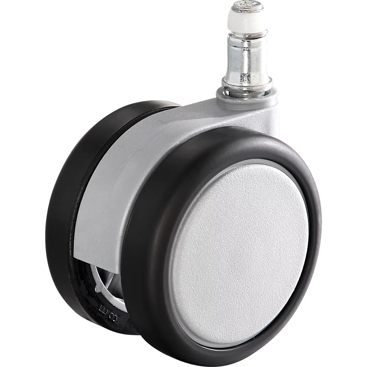 Close-up of a chair caster with two wheels. A white pin protrudes from the top center of the frame. The wheels have a black tire and a silver center.