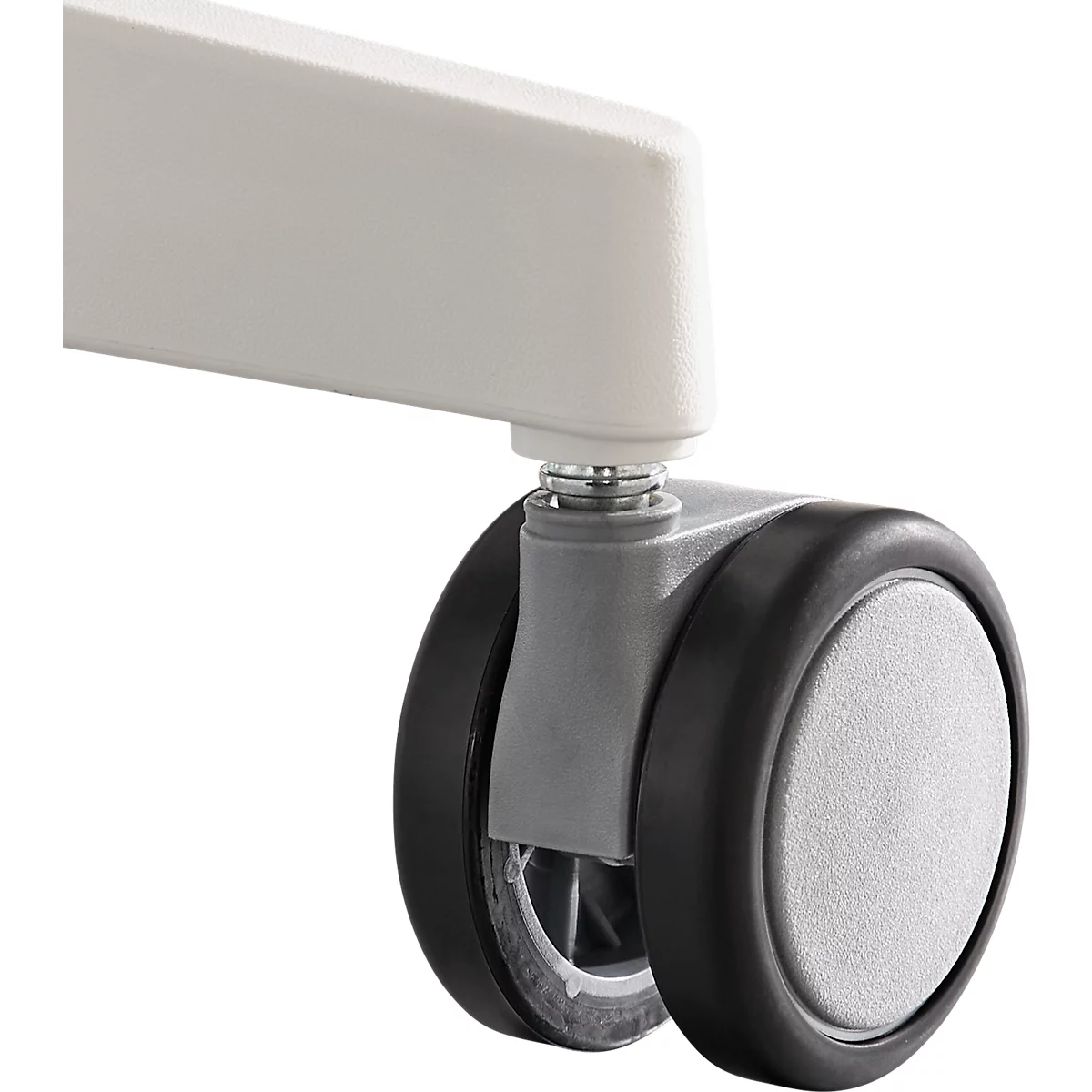 Close-up of a caster with double rollers. The foot is light gray, the roller wheels are black.