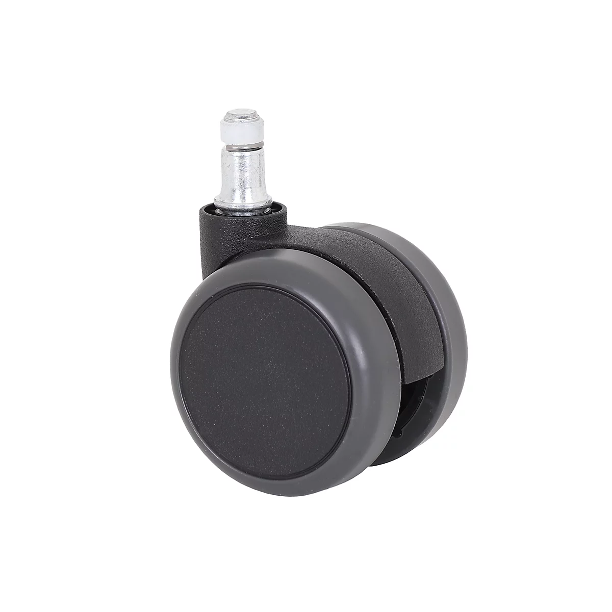 Close-up of an office chair caster. The caster has two grey wheels with a black core. There is a metal bracket on top.