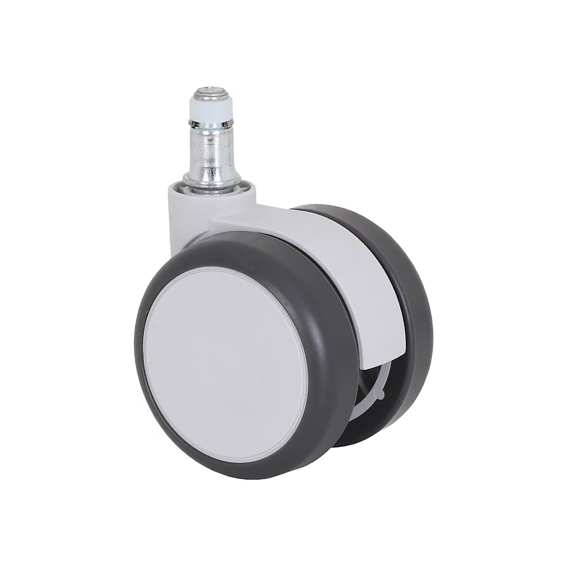 Close-up of a white and grey caster wheel. The wheel consists of two wheels with a white central part, surrounded by grey rubber. A silver bolt projects upwards.