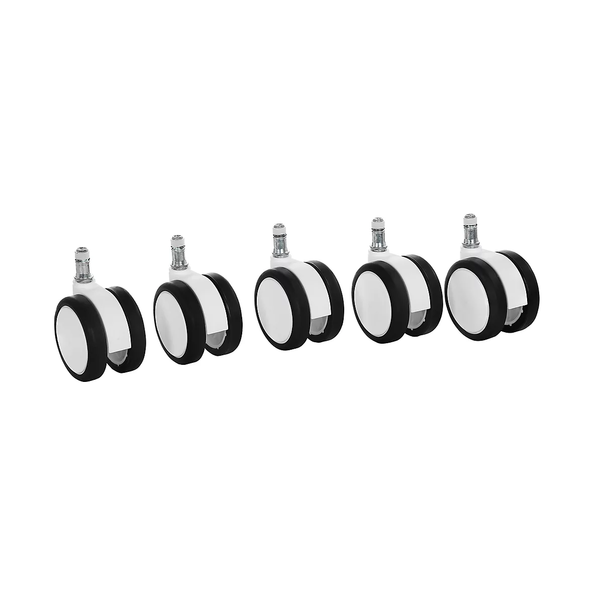 Five chair casters, white and black. The casters each have two wheels.
