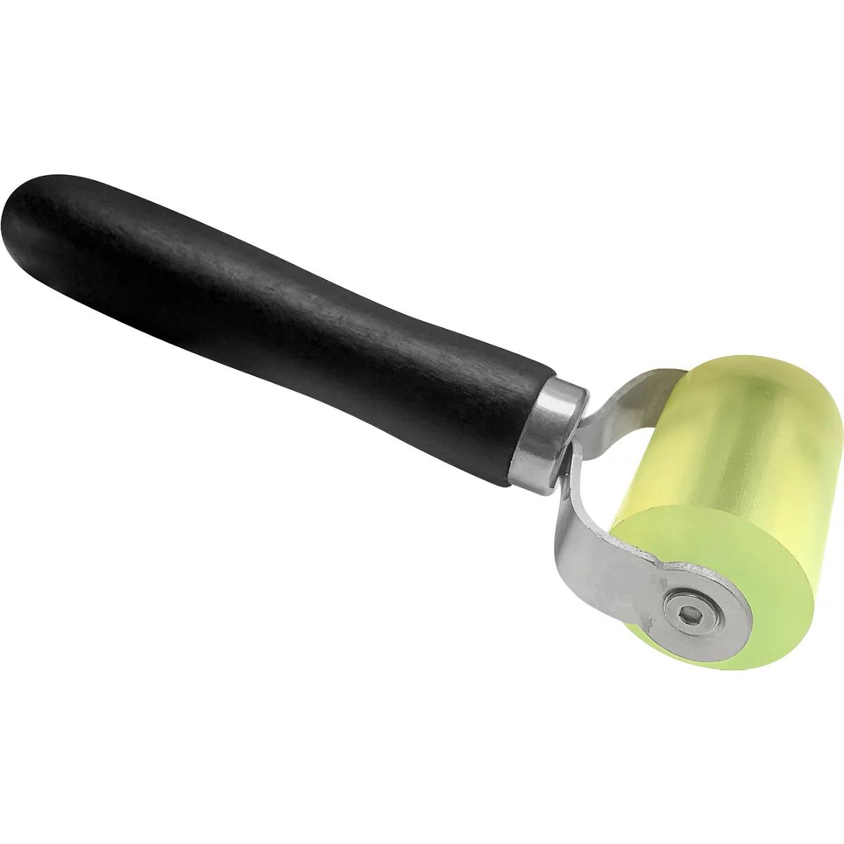 Yellow, roller-shaped adhesive roller with black handle and silver frame. Freestanding on a white background.