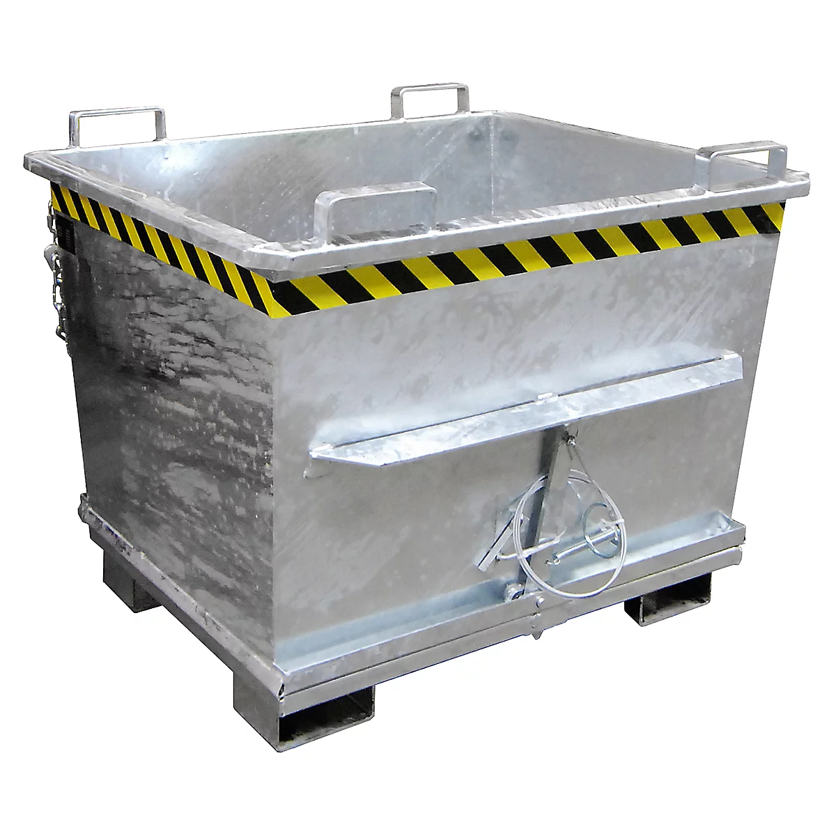 Metal container, square, with warning stripes. Handles, chain, control lever. On pallet feet.