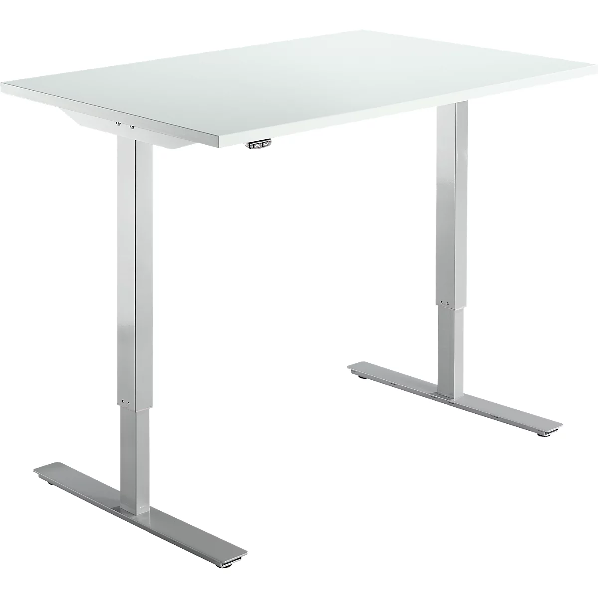 Bureau blanc réglable en hauteur, design minimaliste, avec deux pieds.