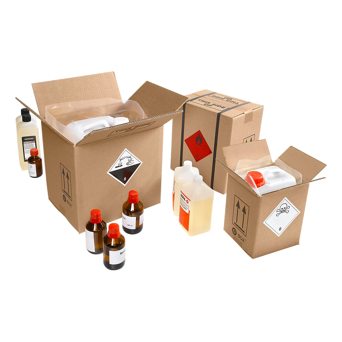 Image of brown bottles, canisters and cartons with hazardous goods labeling. The carton is open.
