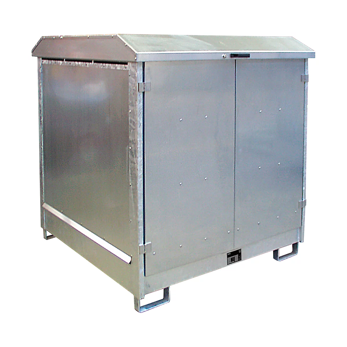 Metal container with roof and two doors, against white background. Ideal for trash or storage outdoors.