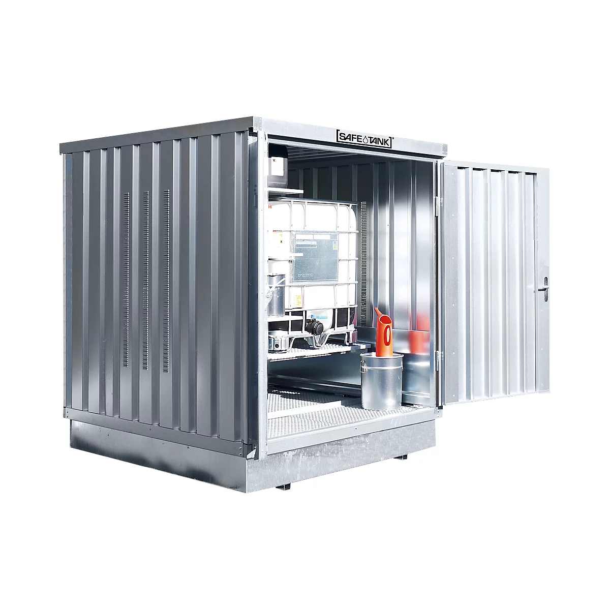 Metal container with open door, interior tank, buckets, funnel.