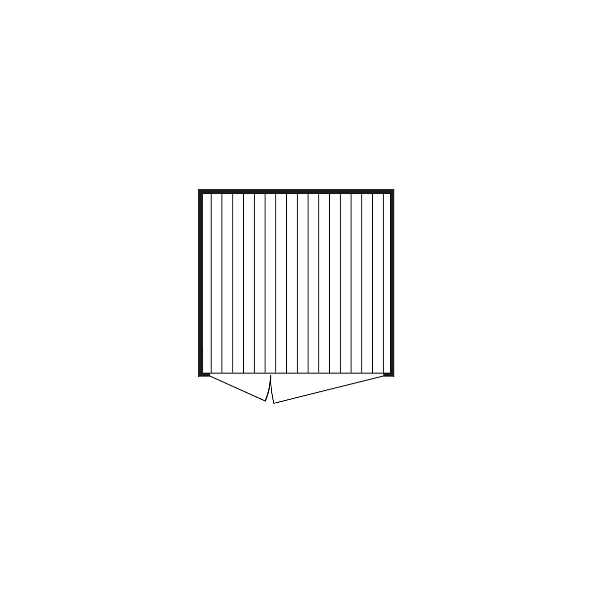 Black-bordered rectangle with vertical black lines on a white background. A sharp, pointed angle points downwards.