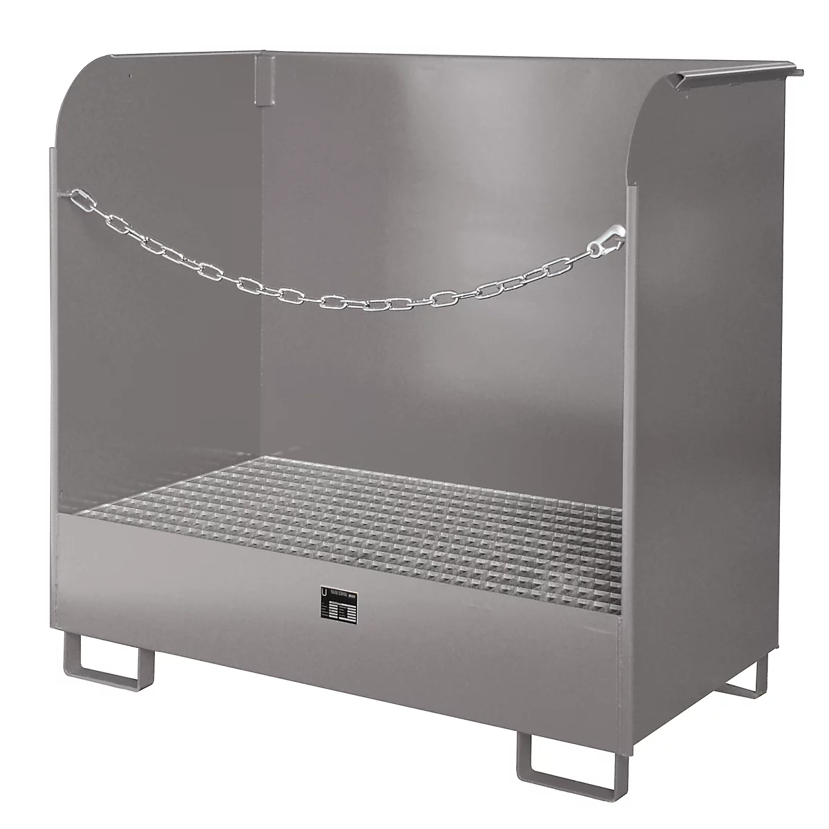 Grey steel container with chain, grating and feet. Front view. The chain is stretched across the opening.