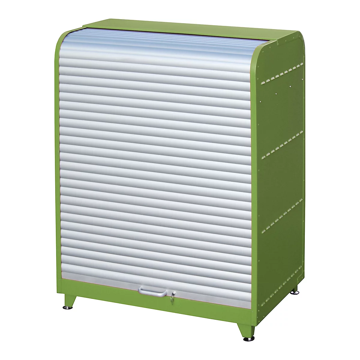 Green cabinet with roller shutter, silver-colored, small handle and lock.