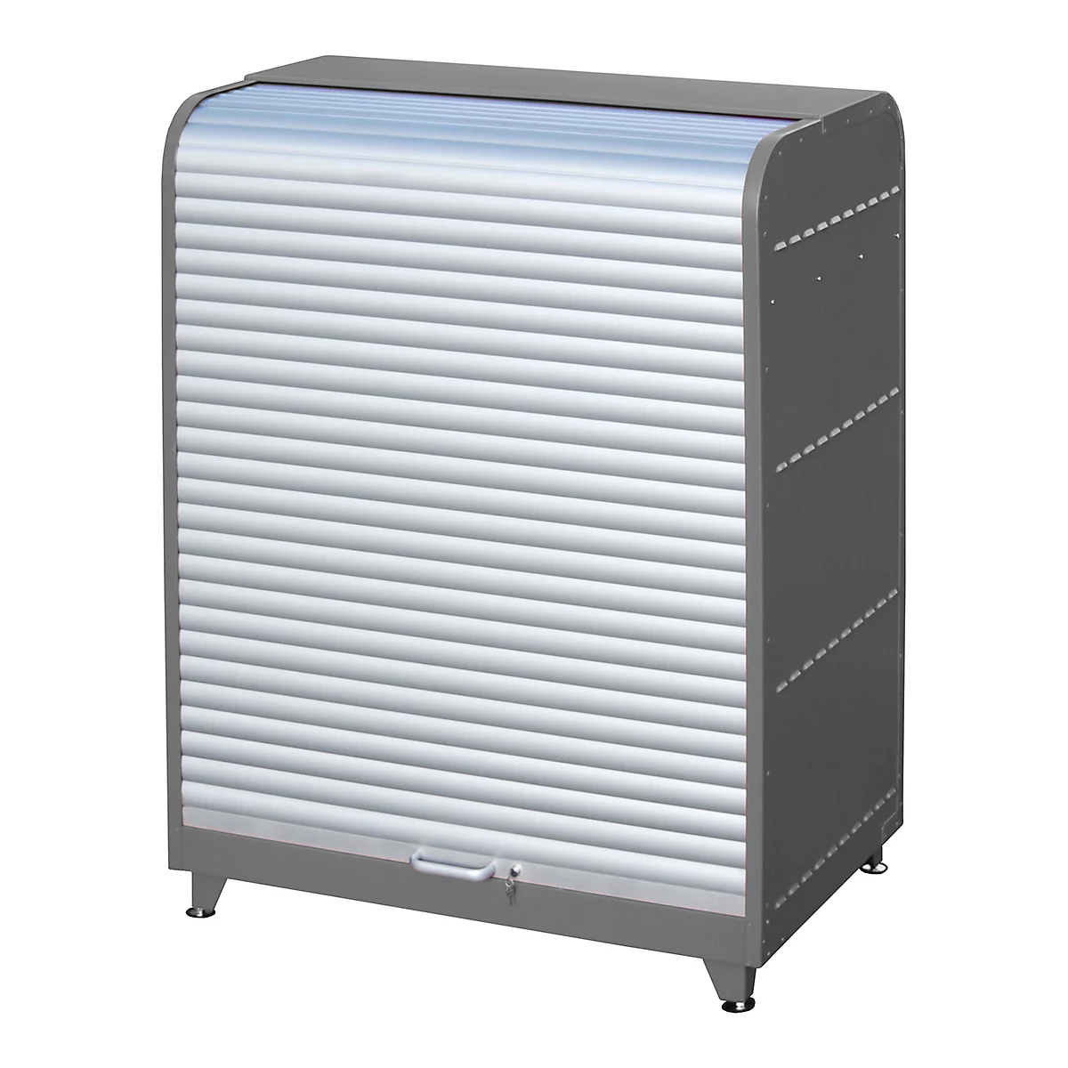 Gray cabinet with roller shutter. The cabinet has a silver surface and stands on four small feet.