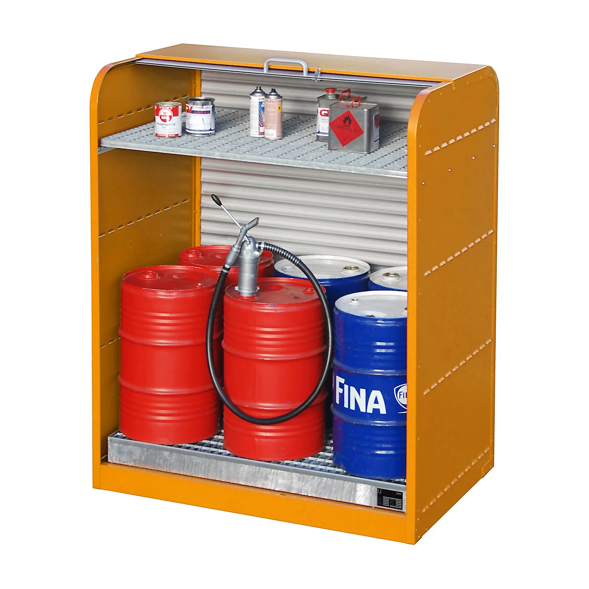 Yellow safety cabinet with doors; filled with barrels, canisters and sprays.