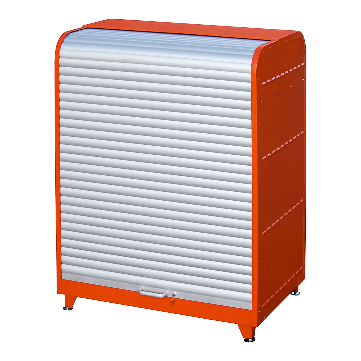 Orange cabinet with silver roller shutter front, key, and feet.