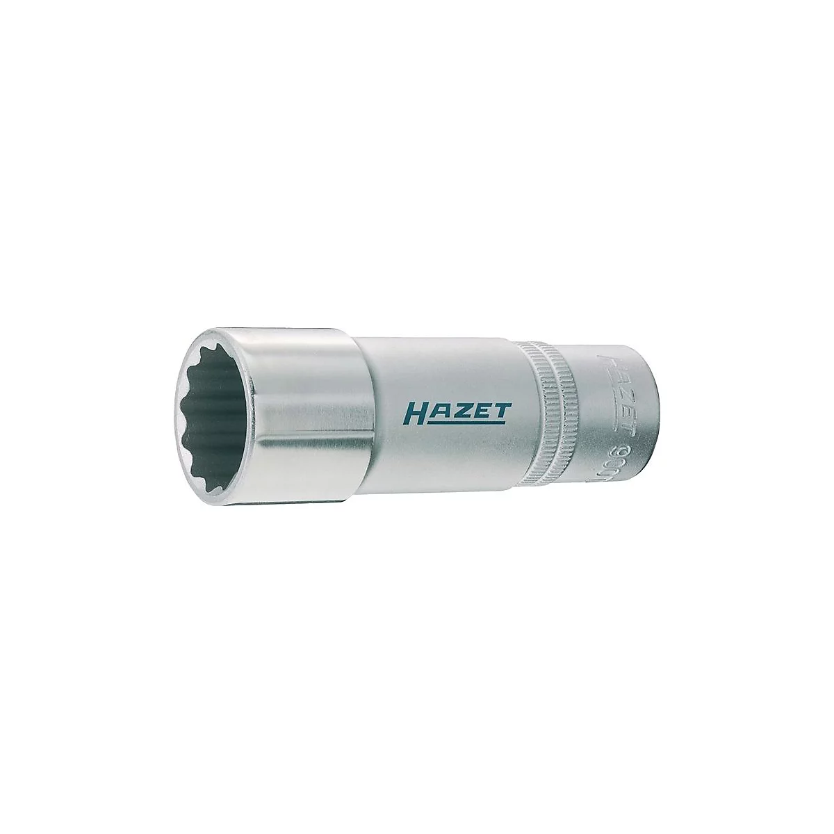Zilveren metalen HAZET-dopsleutel. De inscriptie HAZET is in blauw zichtbaar op de behuizing van de dop.