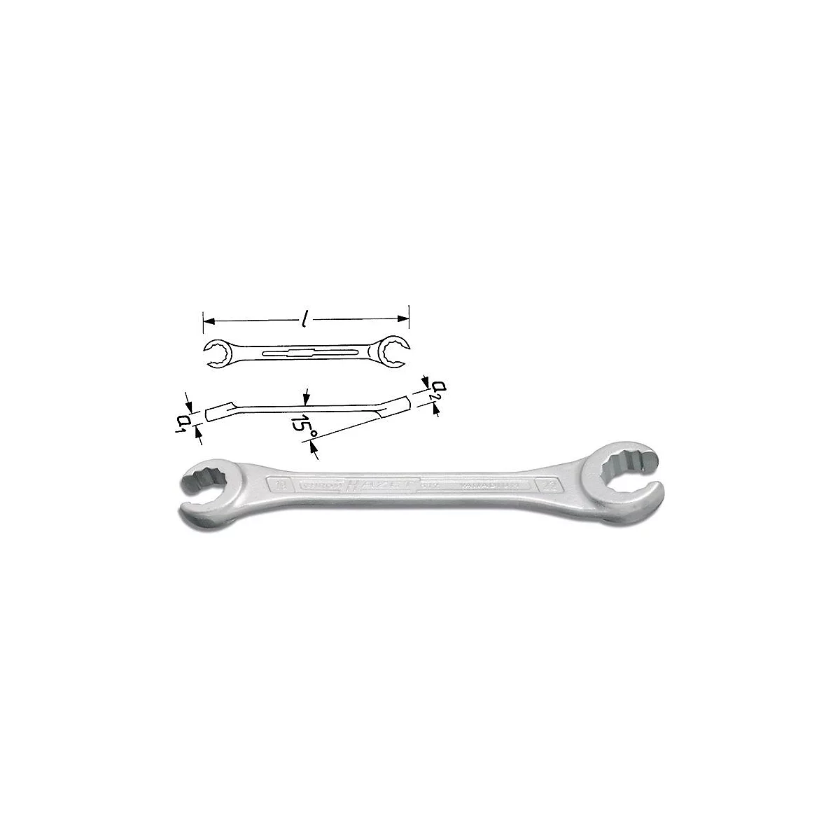 Image en trois dimensions d'une clé, avec dimensions et perspectives. La clé a une extrémité ouverte et une extrémité dentée.