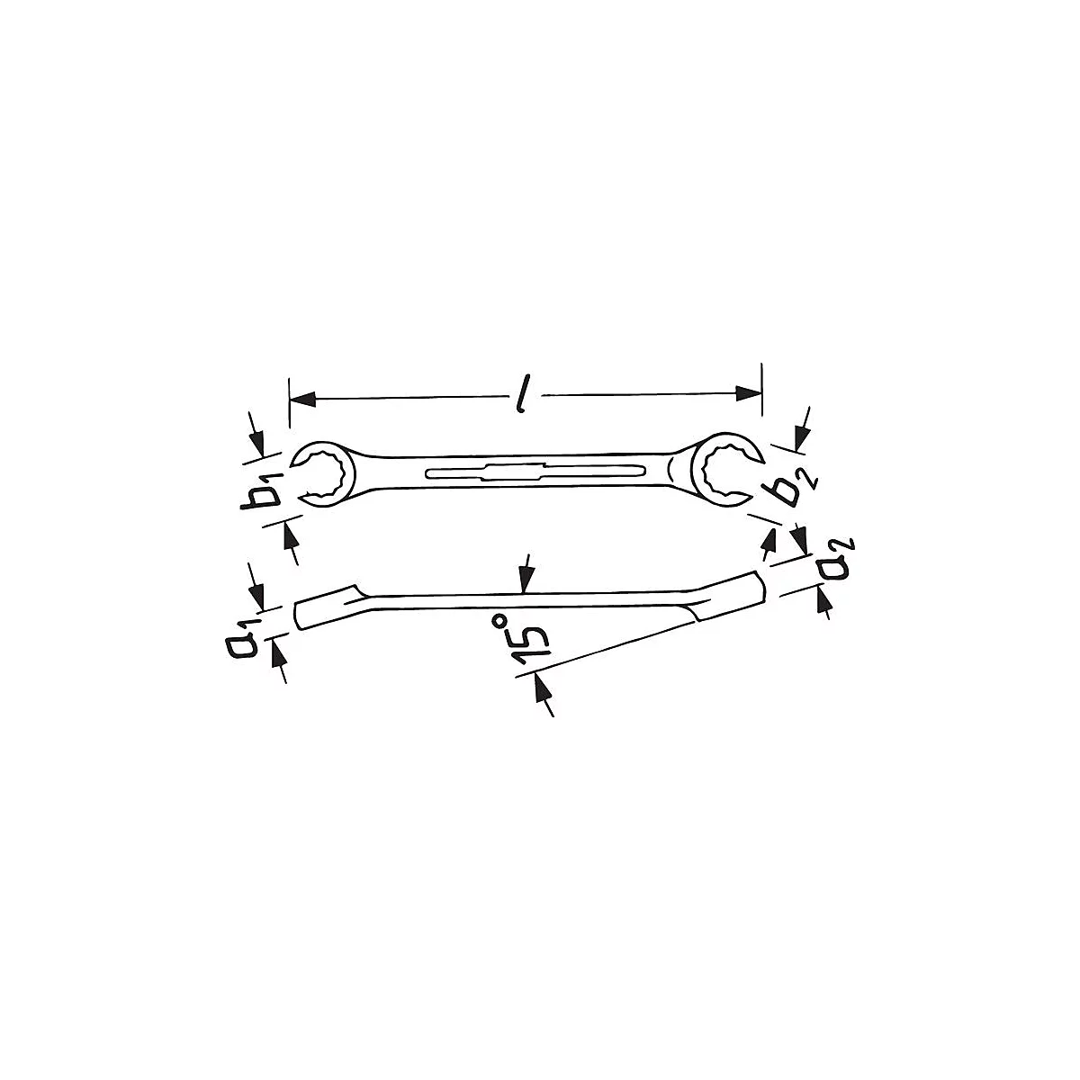 Dessin d'une clé, dimensions avec flèches et angles. L, b1, b2, a1, a2 et un angle de 15 degrés.