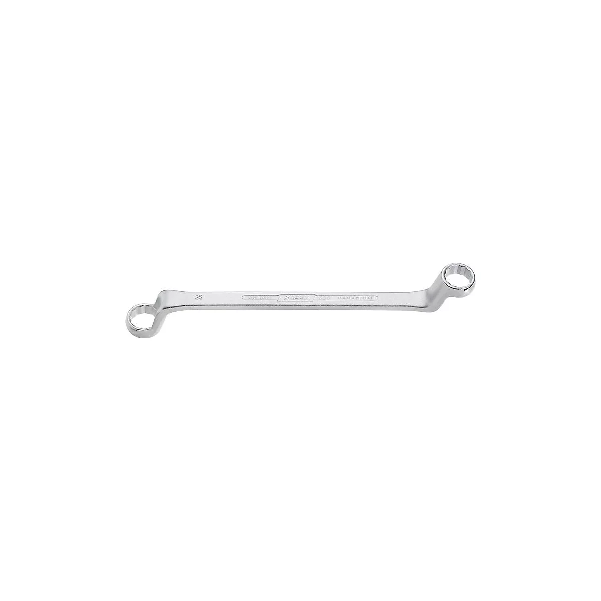 Une clé à fourche argentée, légèrement courbée, avec une extrémité ouverte d'un côté et une extrémité fermée de l'autre.