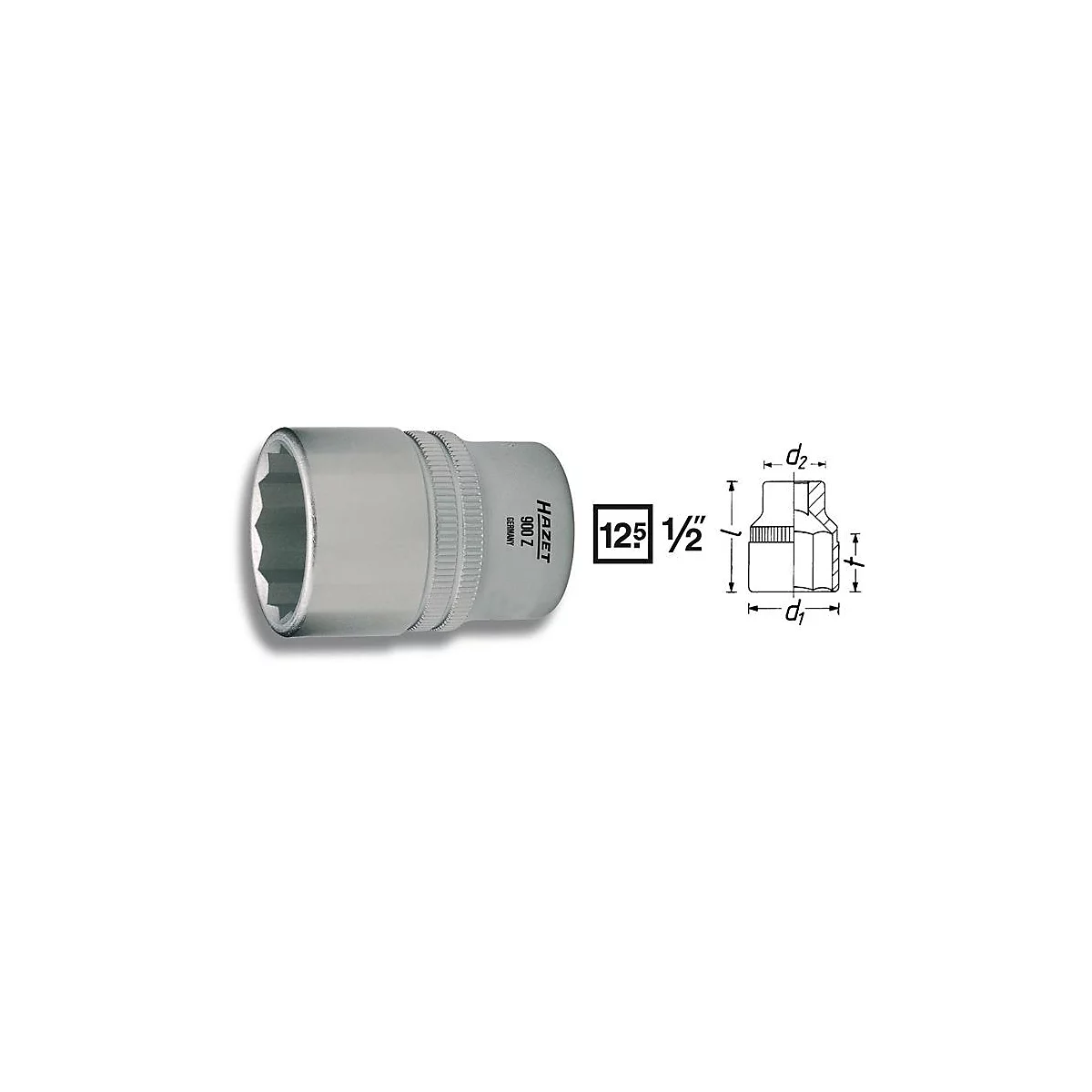 Zilveren Hazet-dop, daarnaast technische tekening met afmetingen en tekst. Op de dop staat "HAZET" en "900 Z Germany".