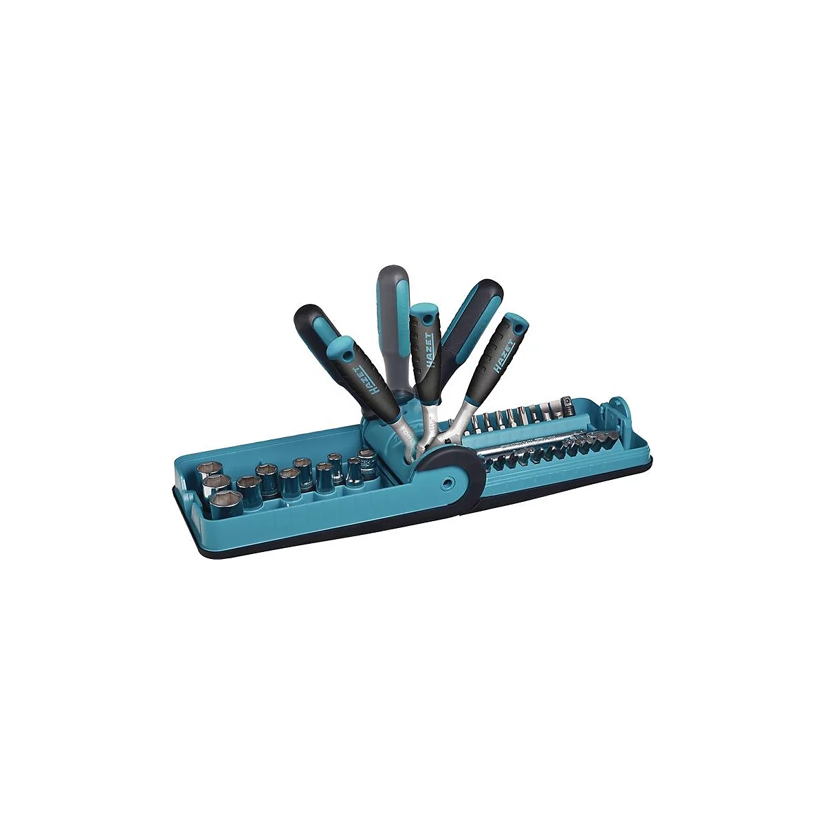 Gereedschapskist met schroevendraaiers en dopsleutels in blauw en zwart. Het HAZET-logo is zichtbaar op de handgrepen.