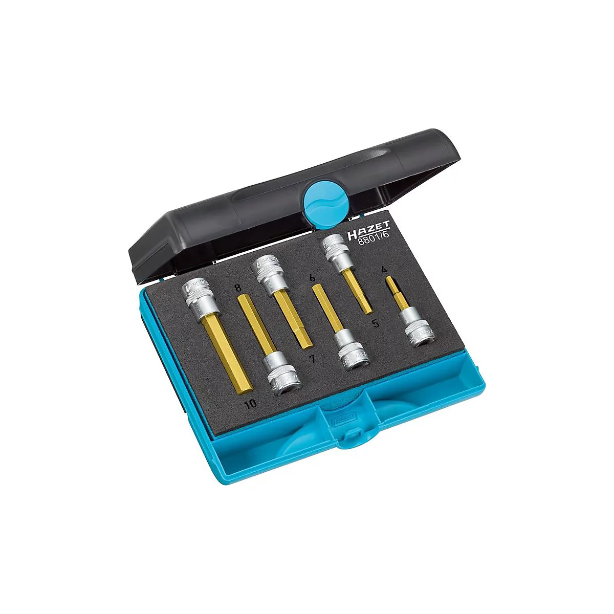 Gereedschapskist met diverse inbusschroeven in geel en zilver, op zwart schuim. Zwart deksel, turquoise doos.