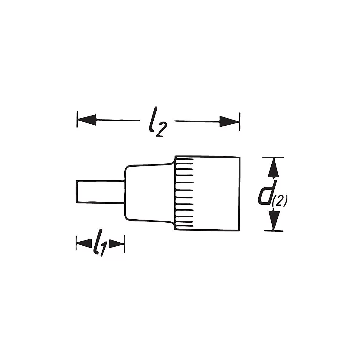 Dessin technique d'un outil, avec dimensions de longueur (l1, l2) et de diamètre (d2).