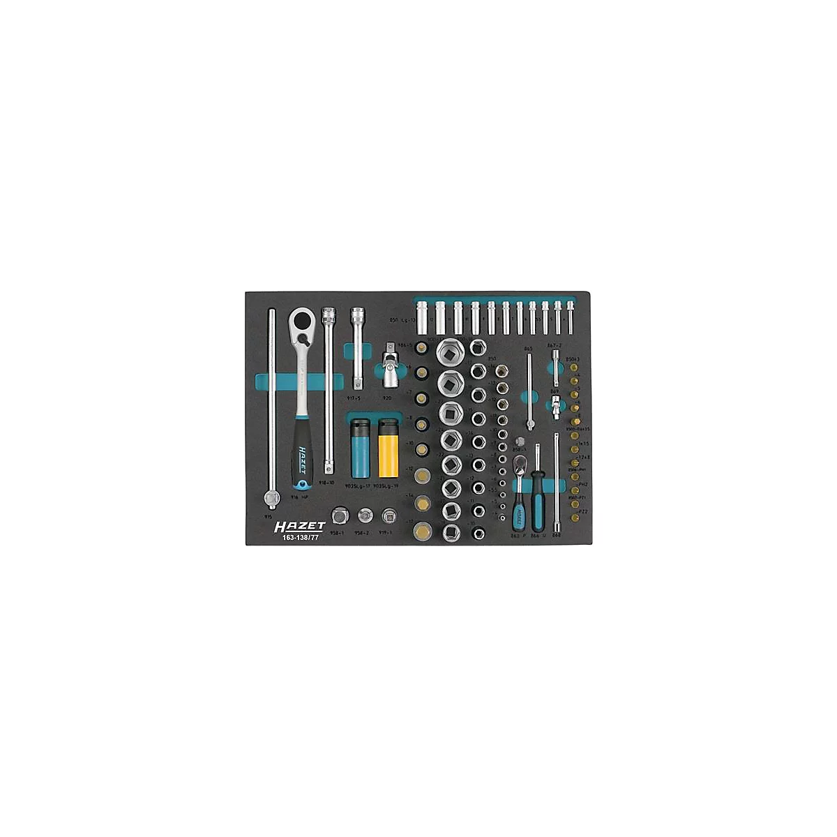 Hazet gereedschapsbak 163-138/77, 3/3 module, incl. gereedschapsassortiment, 77 st, B 519 x D 392 x H 35 mm, schuim, zwart/blauw