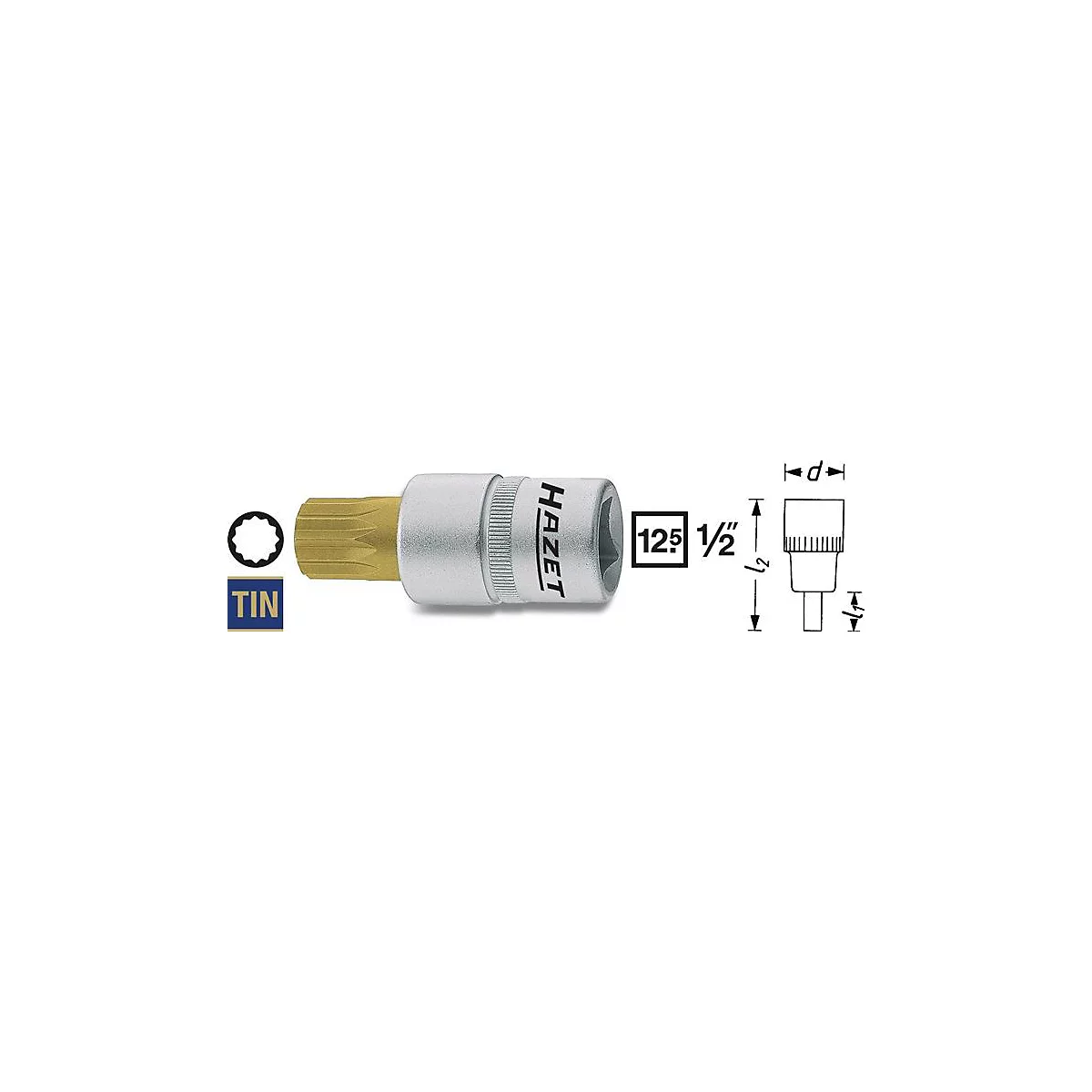 HAZET inbus 990-10, interne multipoint inbus M10, 1/2 inch, L 53 mm, TiN-gecoat, speciaal staal