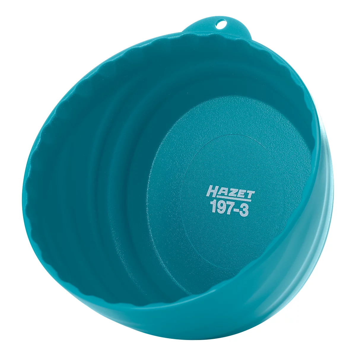 Turquoise-colored, round container with a ribbed edge. The container has an opening with a hanging device. On the bottom is written in white 'HAZET 197-3'.