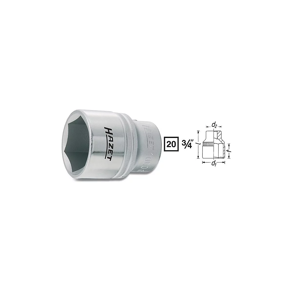 HAZET Steckschlüsseleinsatz 1000-55, 3/4 Zoll Antrieb, SW 55 mm, L 82 mm, 6-kant, CV-Stahl, verchromt poliert