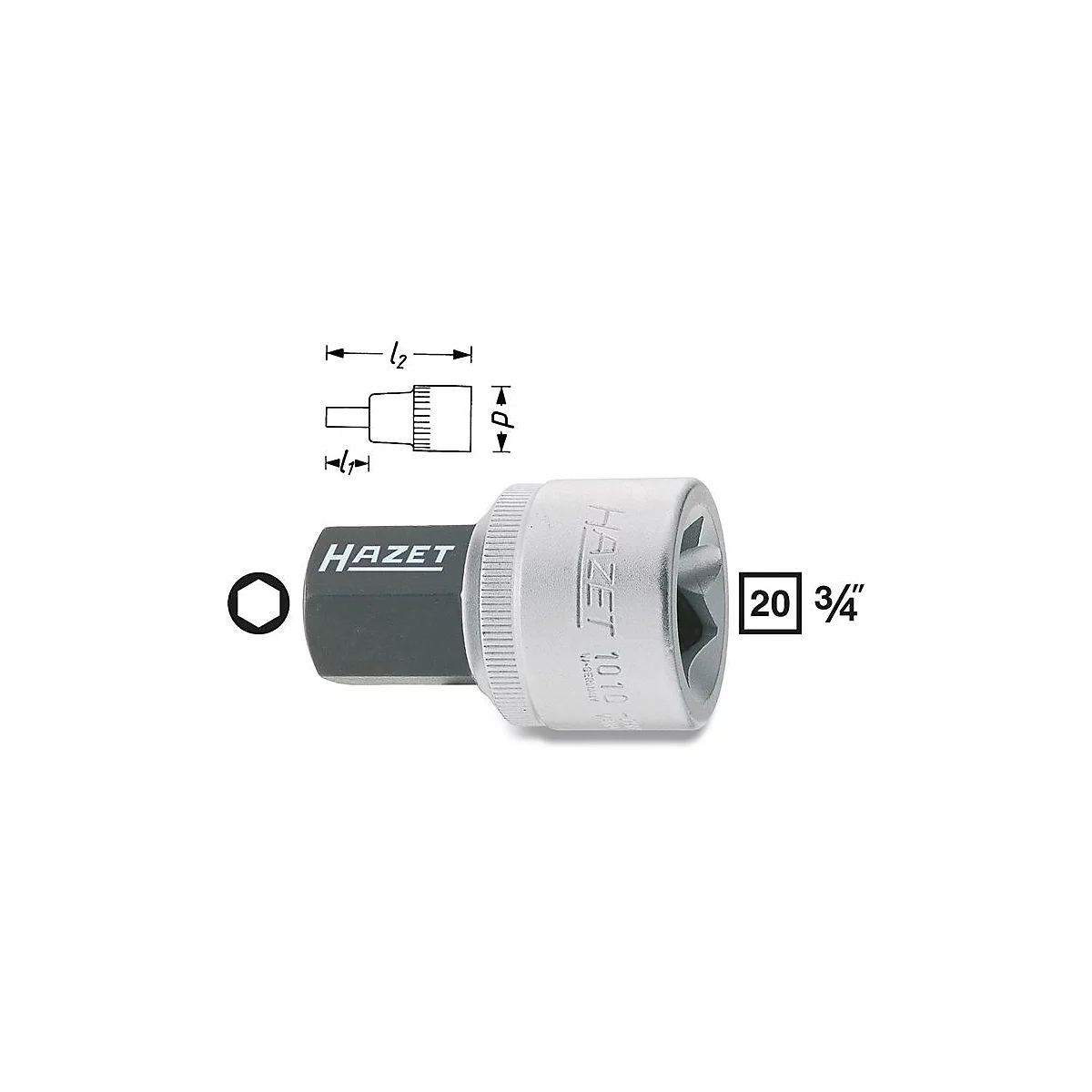 HAZET Steckschlüsseleinsatz 1010-19, 3/4 Zoll, SW 19 mm, CV-Stahl, DIN 7422, Spitze brüniert