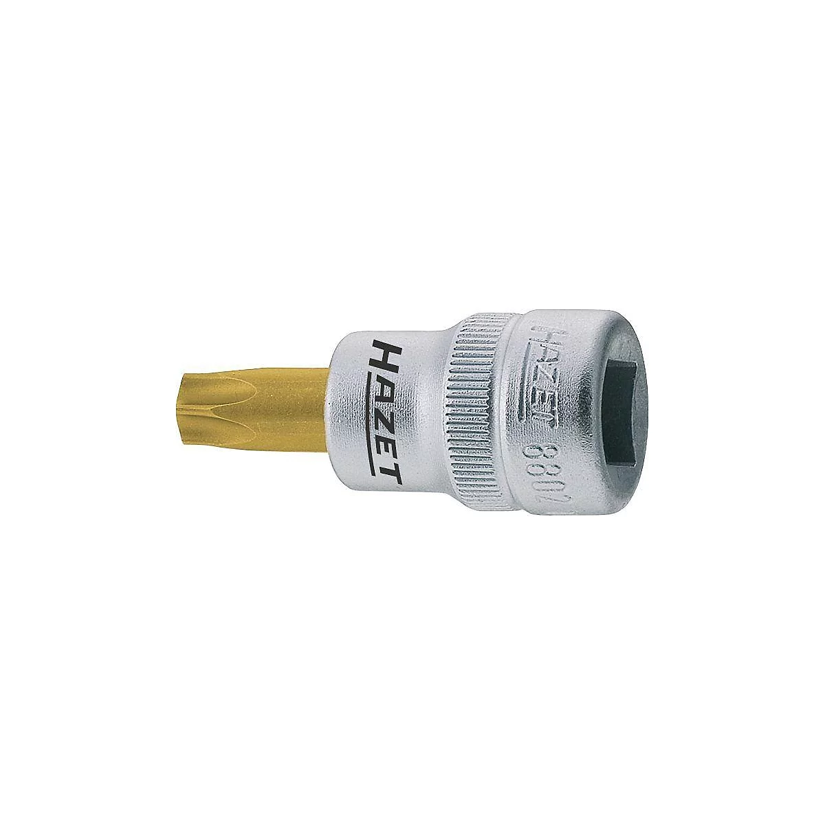 Nahaufnahme eines Schraubenschlüssels von Hazet. Der Schraubenschlüssel hat einen goldenen Einsatz und einen silbernen Körper. Hazet ist auf dem Körper eingraviert.