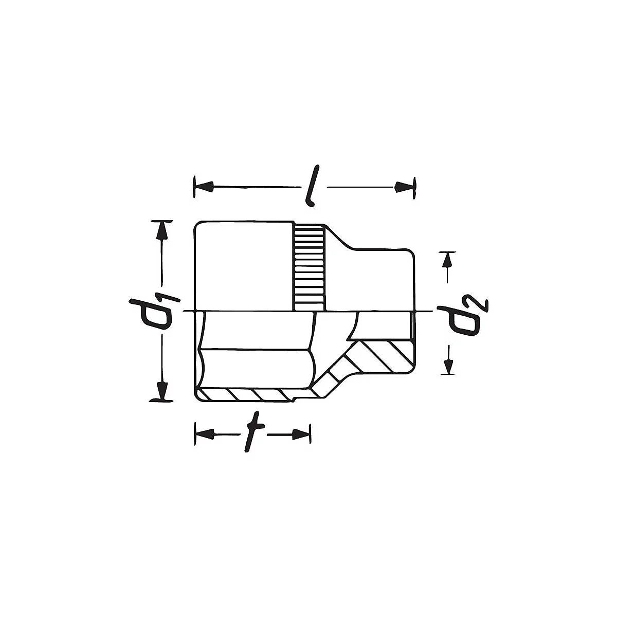 Technischer Zeichnungsausschnitt, der die Maße einer Buchse zeigt: Länge, Durchmesser, Tiefe. Detaillierte Linien zeigen die Geometrie.