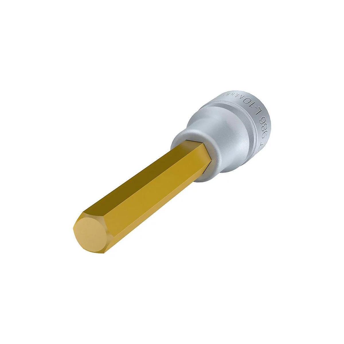 Sechskant-Bit in Silber und Gold. Der goldene Bit ragt aus einem silberfarbenen Gehäuse hervor. Auf dem Gehäuse ist Text eingraviert.