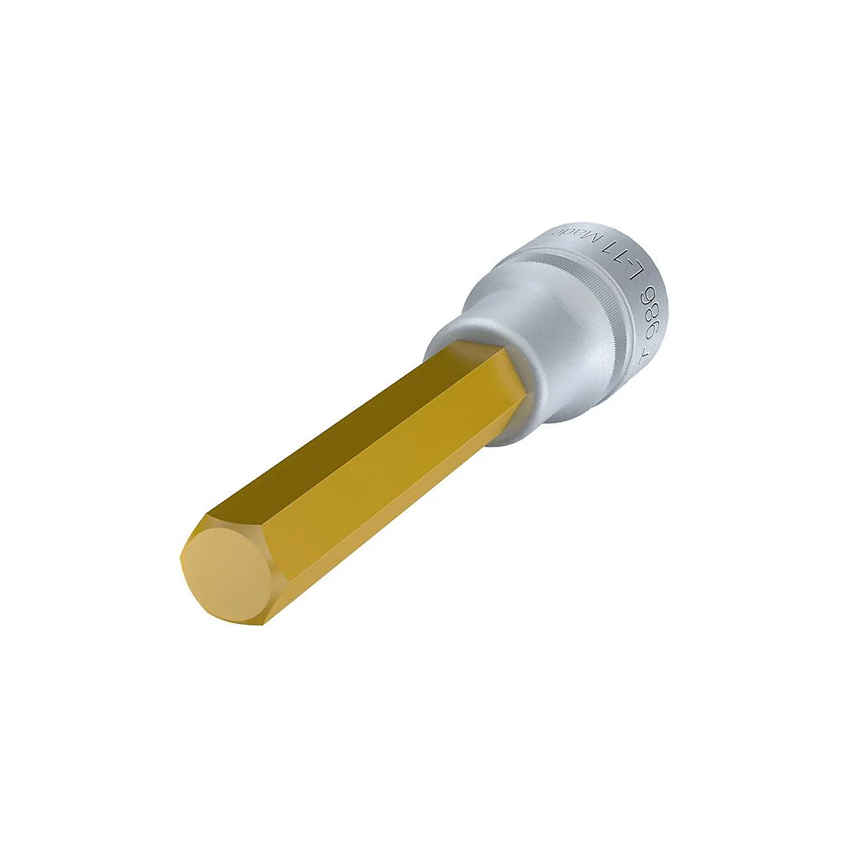 Ein goldener Inbusschlüssel mit silberfarbenem Aufsatz. Der Sechskantkopf ragt aus dem Aufsatz heraus.