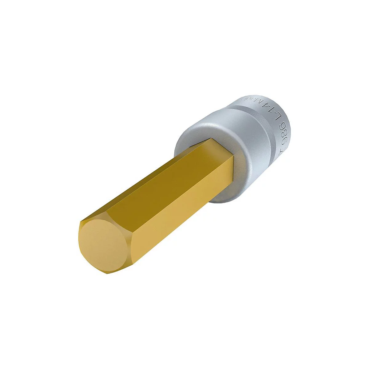 Ein goldener Innensechskant-Bit, der in einem silbernen Aufsatz steckt. Auf dem Aufsatz steht eine Beschriftung.