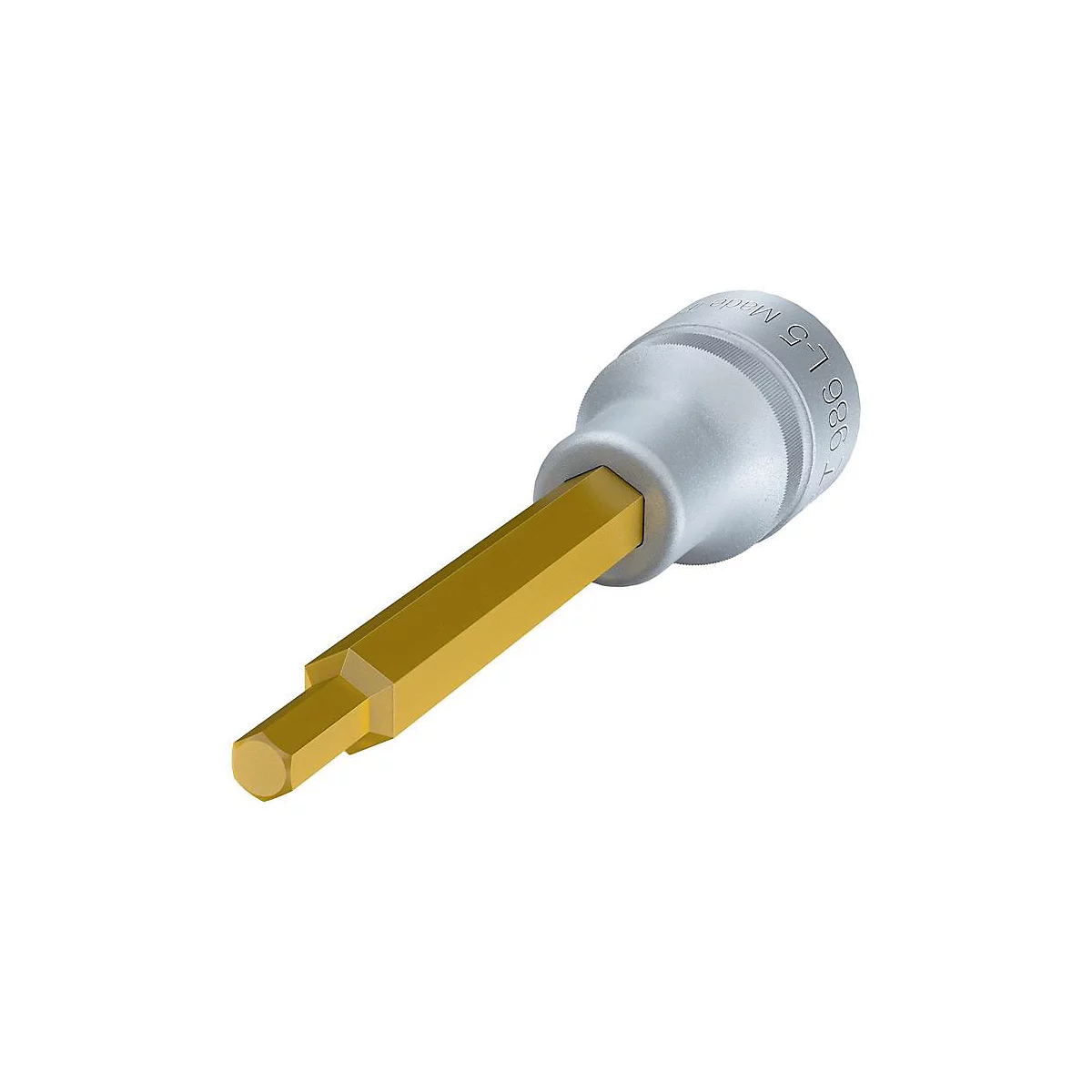 Nahaufnahme eines Innensechskant-Schlüssels mit gelbem Schaft und silbernem Kopf mit eingravierten Zahlen.