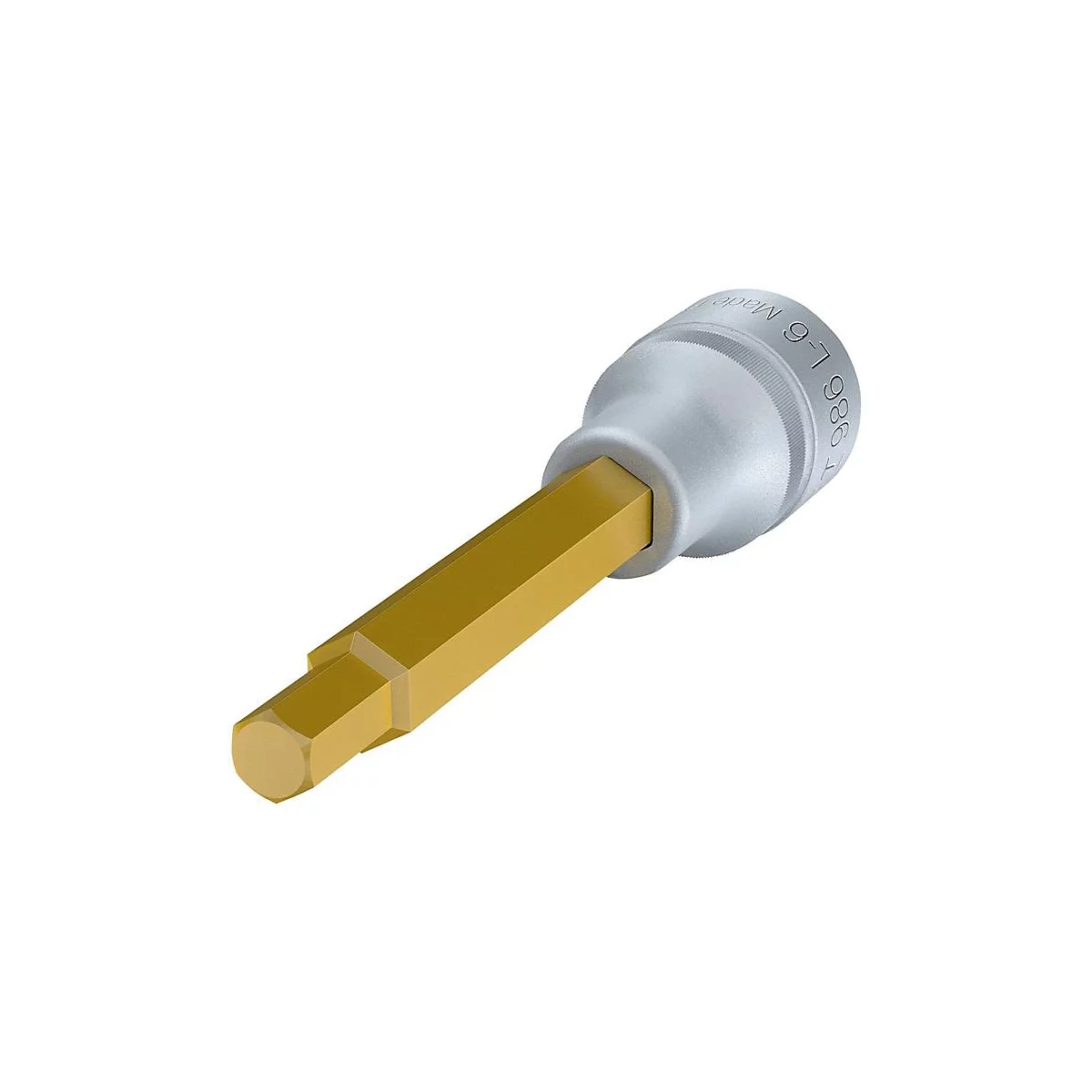Eine silberne Steckschlüssel-Aufnahme mit goldenem Sechskantaufsatz. Rechts ist '986 L Made' eingraviert.