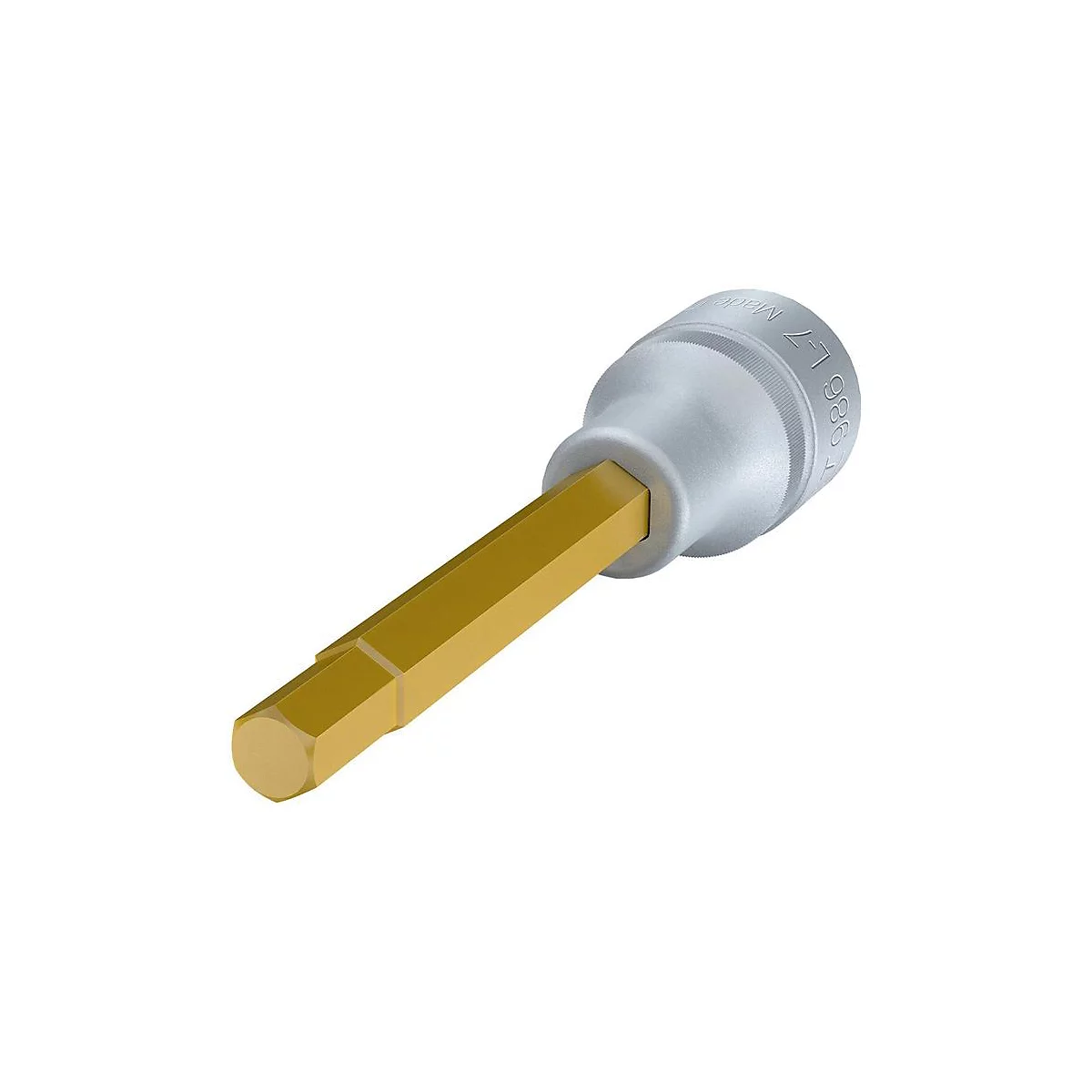 Sechskant-Bit-Einsatz in Silber und Gold, der schräg von oben fotografiert wurde.