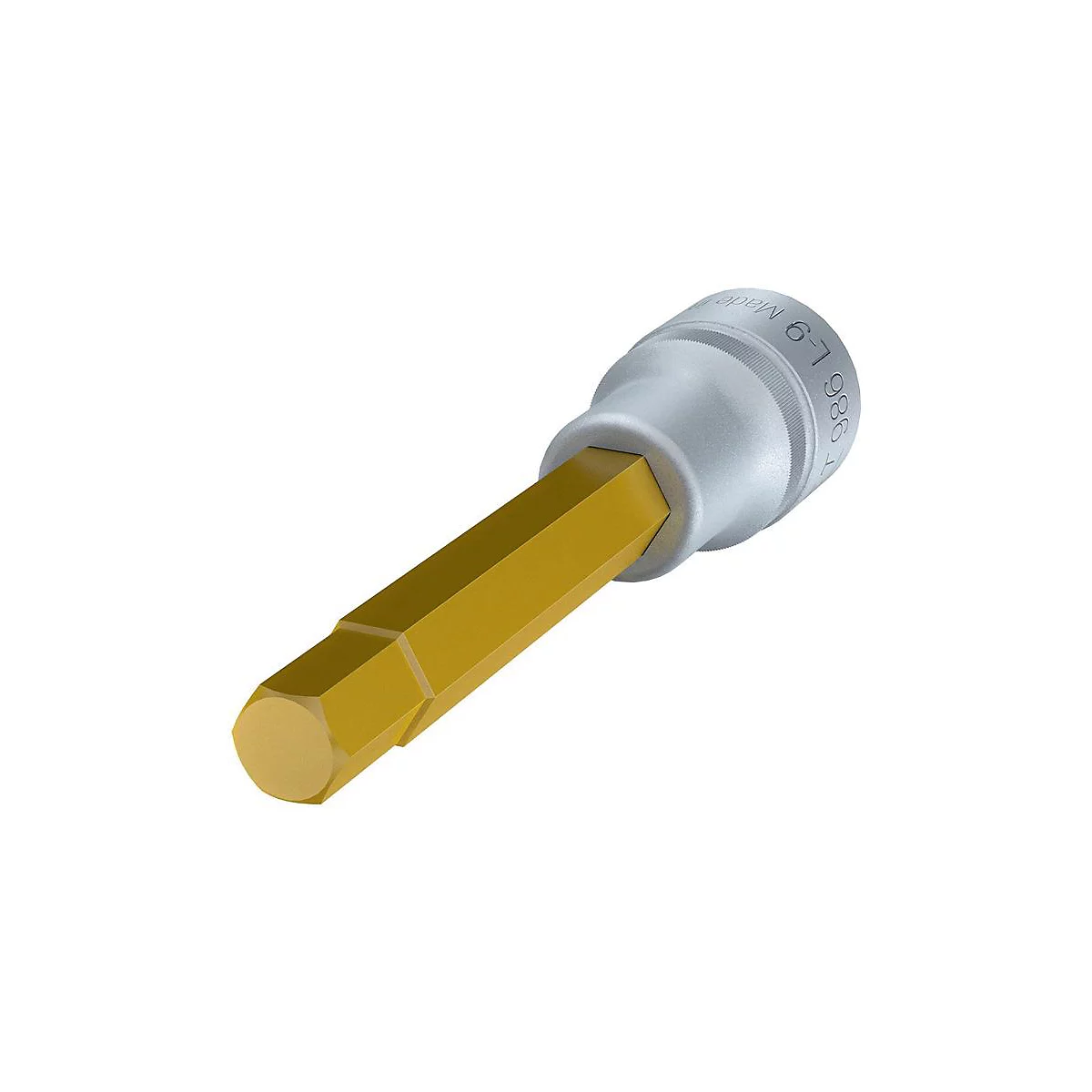 Ein goldener Inbus-Bit in einem grauen Steckschlüssel. Der Bit hat eine sechseckige Form, der Steckschlüssel eine geriffelte Oberfläche.