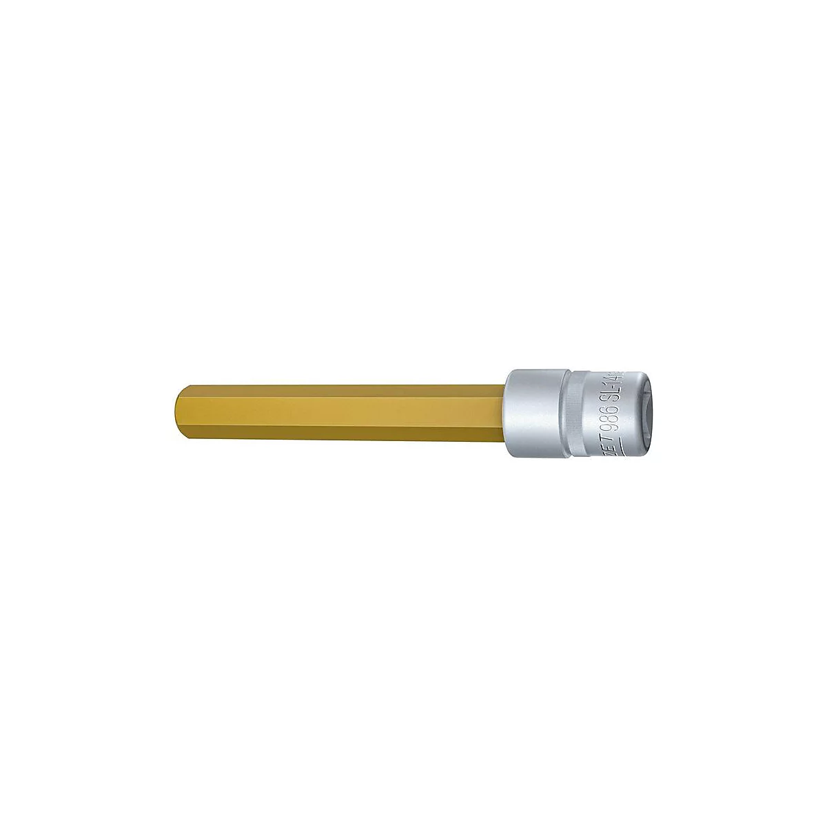 Ein goldfarbener Inbusschlüssel mit silbernem Kopf.