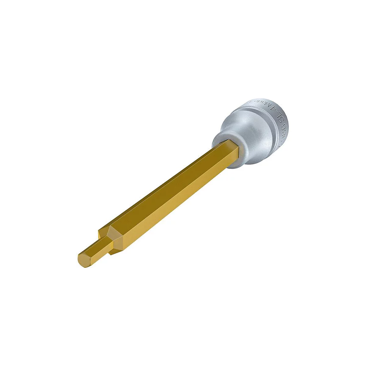 Ein goldener Inbus-Bit-Aufsatz, der in einem silbernen Adapter befestigt ist. Der Aufsatz zeigt eine sechseckige Spitze.